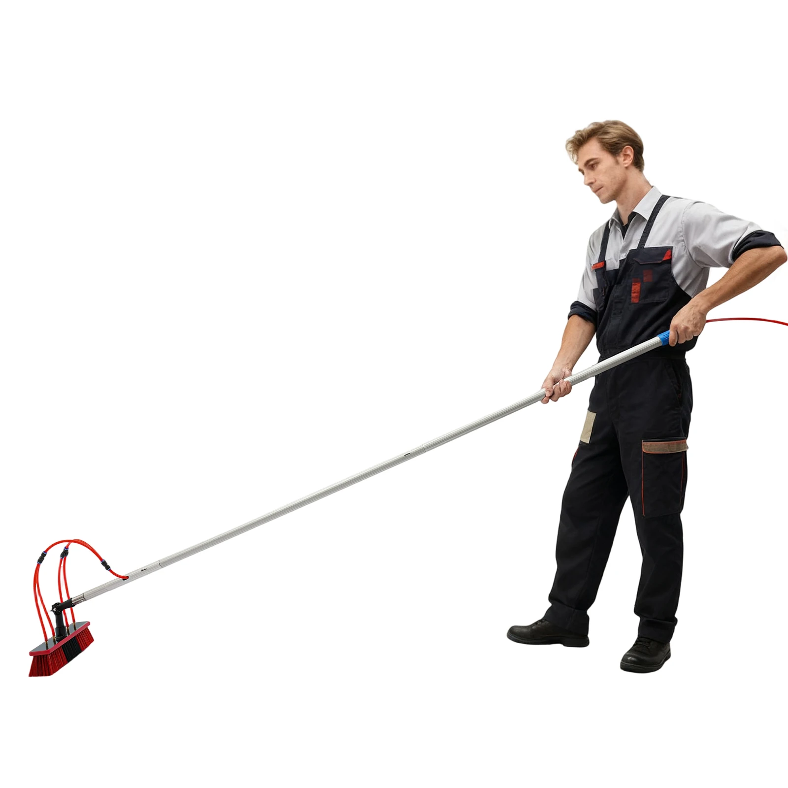 29.53Ft Extended Reach Photovoltaic Scrubber Set, Electrophoresis Anti-deform Alloy Tube Dual Rinse-scrub Mode Anti-break Universal Connector RV Greenhouse High Window Washing Equipment