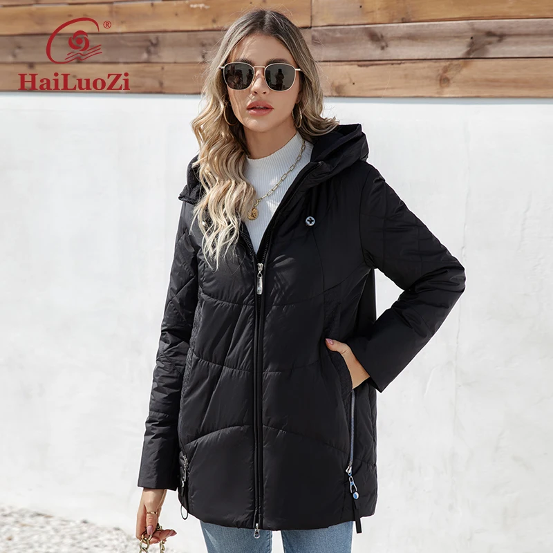 HaiLuoZi 2023 New Spring Jackets Women Mid-Long Side Pockets Casual Female Quilting Parkas Hooded Zipper Style Women\'s Coat 3361