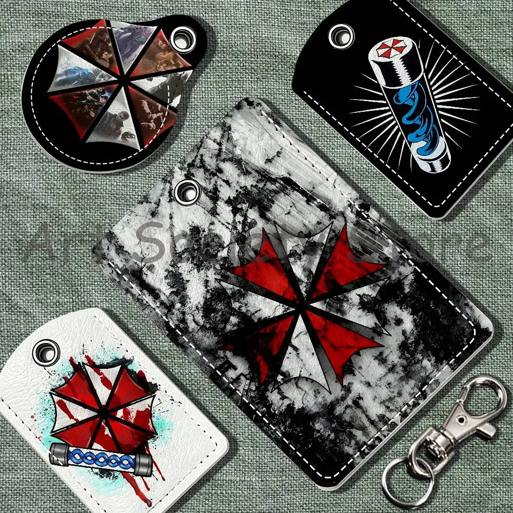 R-Resident Evil-S Umbrella Corporation Leather Card Holder Keychain Key Ring Door Lock Access Tag ID Access Air Tag Case Card