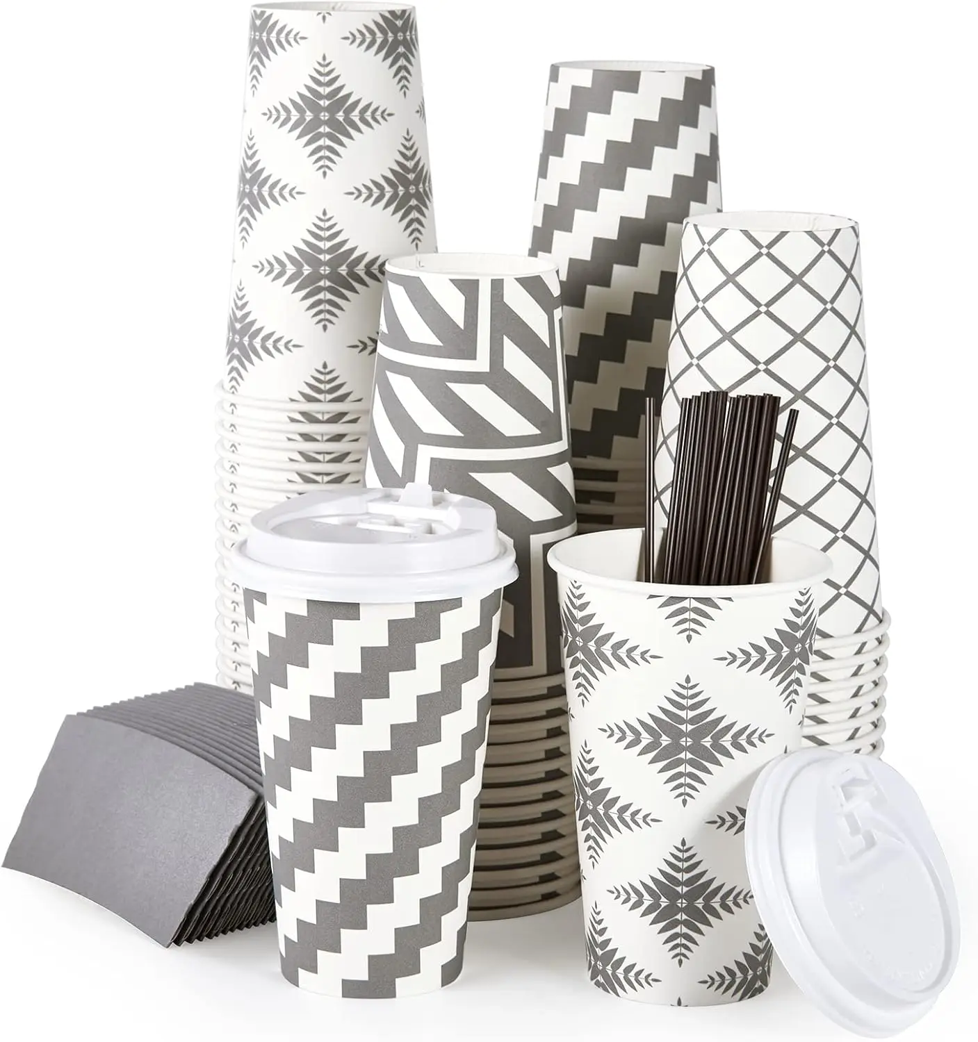

100 Pack 16 oz Paper Coffee Cups, Disposable Coffee Cups with Lid, Sleeve, and Straws for Home, Stores, and Cafes