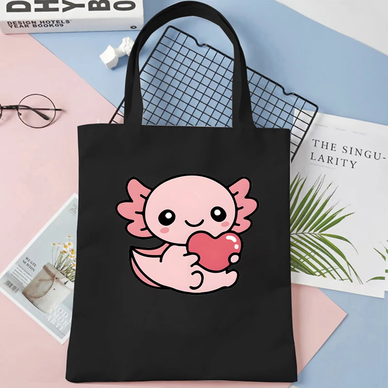 Sacola gráfica dos desenhos animados da lona para mulheres, sacola de compras, ambientalmente amigável, sacos de ombro portáteis, impressão Axolotl engraçada