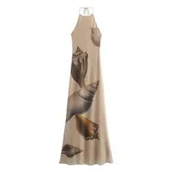 2024 Autumn New Temperament Women's European and American Style Fashion Slim Shell Print Silk Mesh Dress Street Style Slim Skirt
