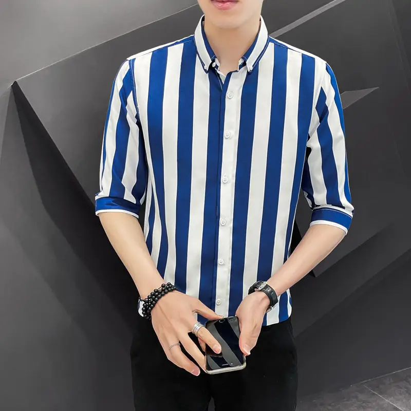 남성용 줄무늬 반팔 셔츠, 라펠 단추 패치워크, 다용도 얇은 상의, 한국 패션 트렌드, 멋진 여름