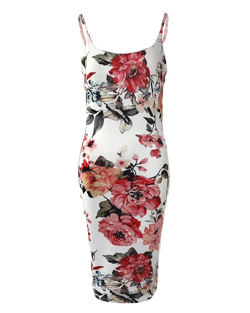 Women Long Slim Sleeveless Sexy High Waist Evening Floral Print Bodycon Cami Dress Party Knee Length Dress