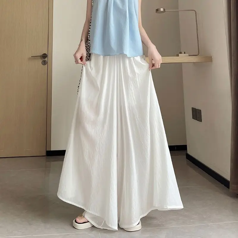 Summer Women's Ice Silk Cotton and Hemp Wide-Legged Skirt Pants, Thin Section, High Waist and Loose Fit, Breathable Solid Color