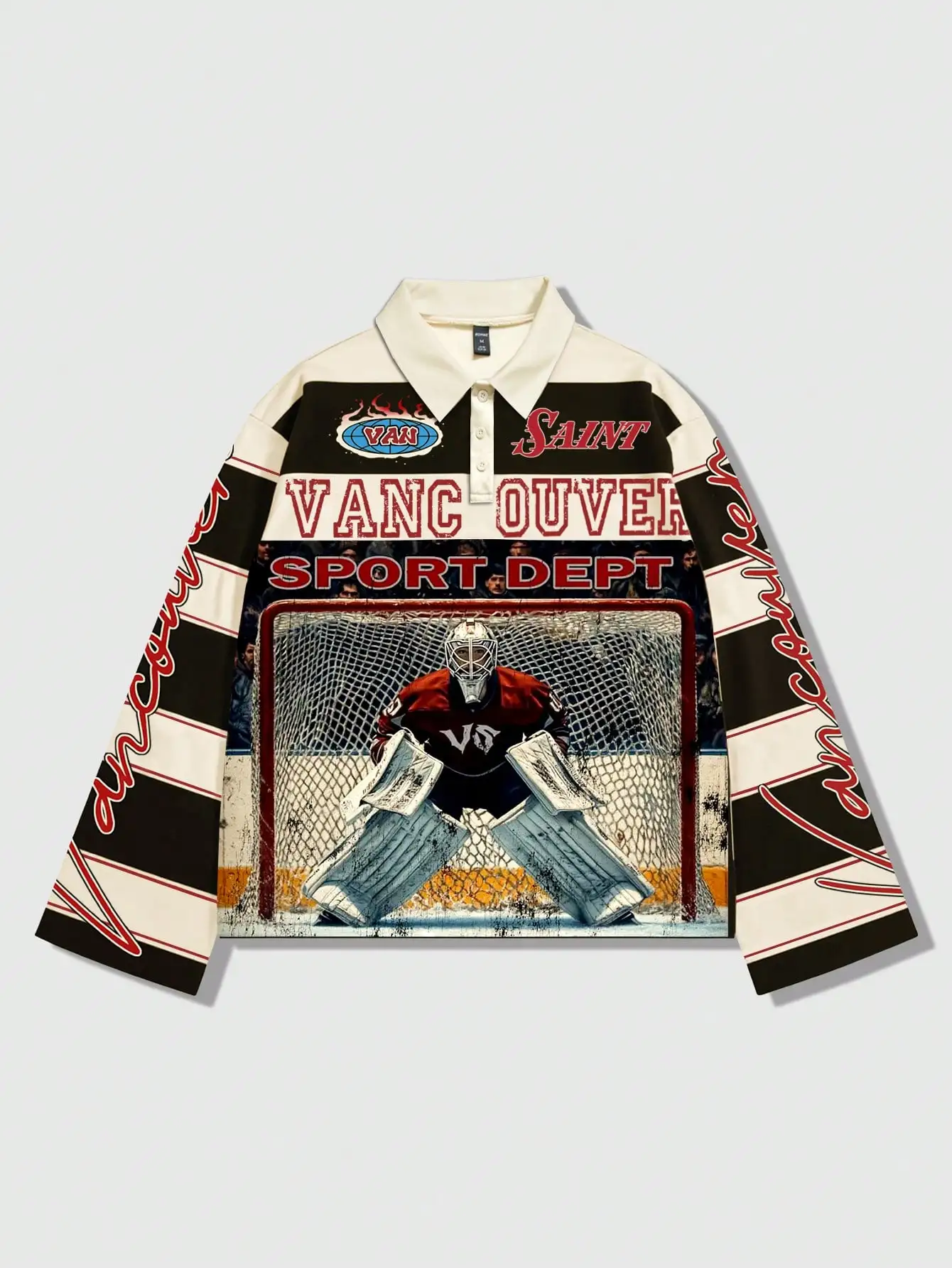 

Men's Long Sleeve Graphic Polo Collar Shirt with Vintage Sports Print