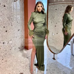 Smileven Feather Green Mermaid Evening Dress Women Long Sleeve High Neck Lady robe de soirée Side Split Bidycon Party Gowns