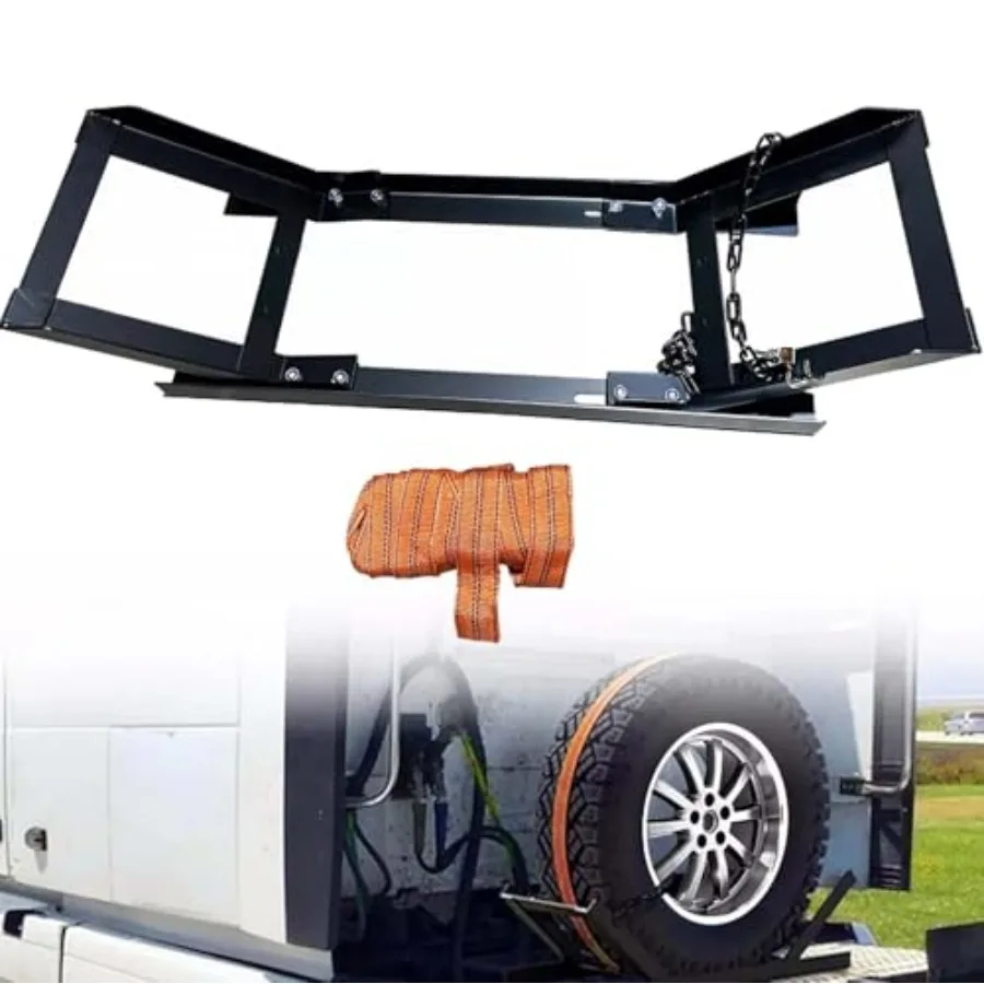 Adjustable semi truck spare tire rack for commercial tractor trailer use, steel construction, black finish, versatile secure mo