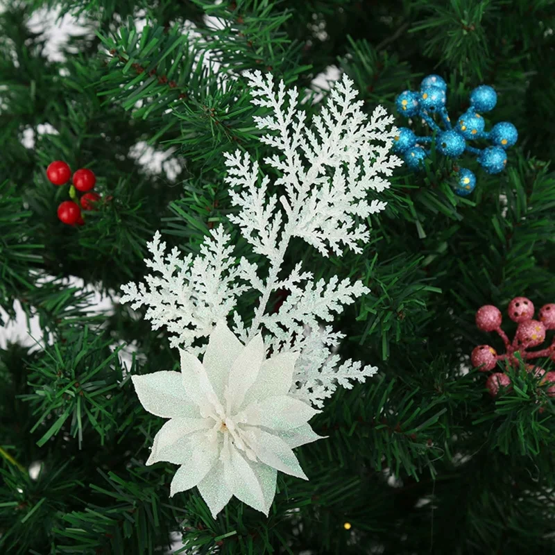 ประดิษฐ์คริสต์มาส Glitter Poinsettia ดอกไม้สาขาสนใบหยิบเครื่องประดับสำหรับพวงหรีดคริสต์มาสต้นไม้