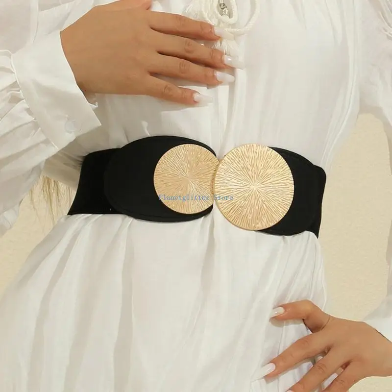 

652B Elastic Waist Belt 5cm Wide Fashionable Buckle Decor Sash for Women Dresses Jeans Trousers Adjustable Stretchy Belt