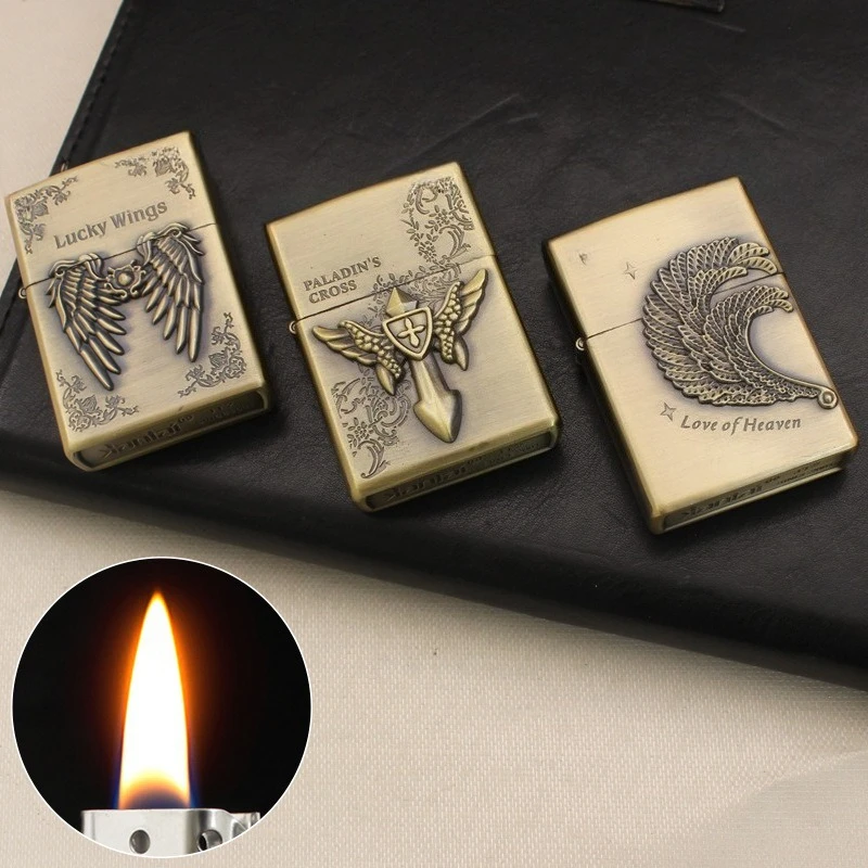 Wings Relief Craft Oil Lighter Metal Retro Grinding Wheel Open Flame Igniter Wholesale Torch Lighter Refillable Smoking Unique