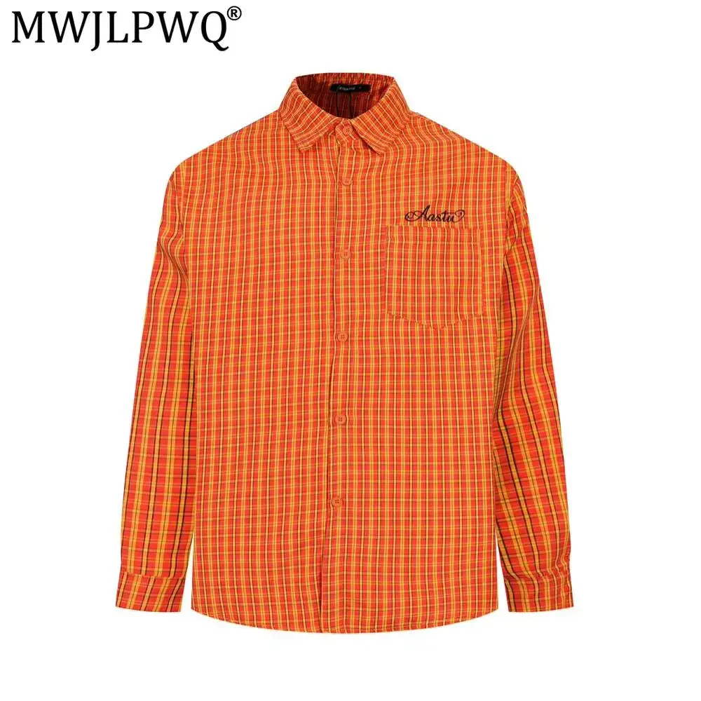 MWJLPWQ Loose Plaid Long-Sleeve Tops For Men Spring Autumn American Trendy Vibe Embroidered Pocket Japanese Style Shirts 20090
