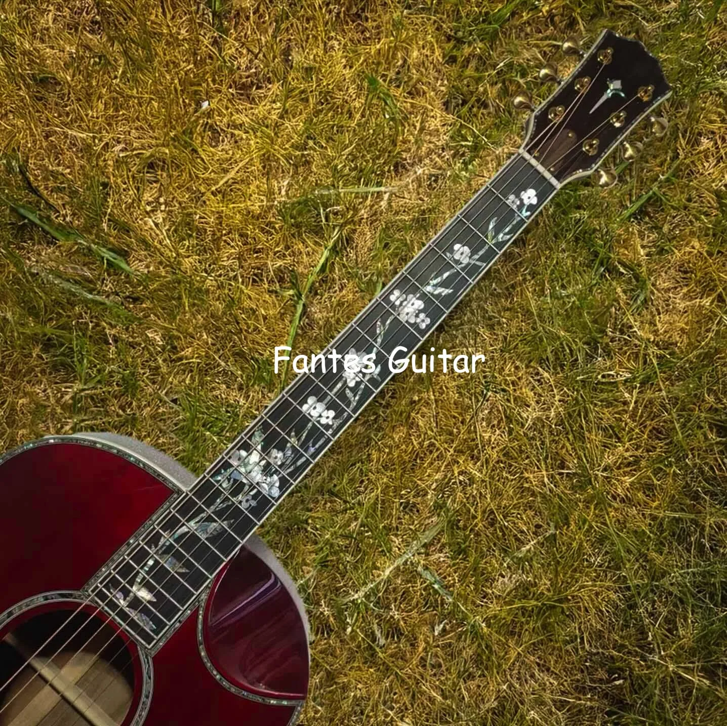 Custom Beveling Body Acoustic Guitar, Solid Koa Back Side in Cherry Red Matte Finish Neck