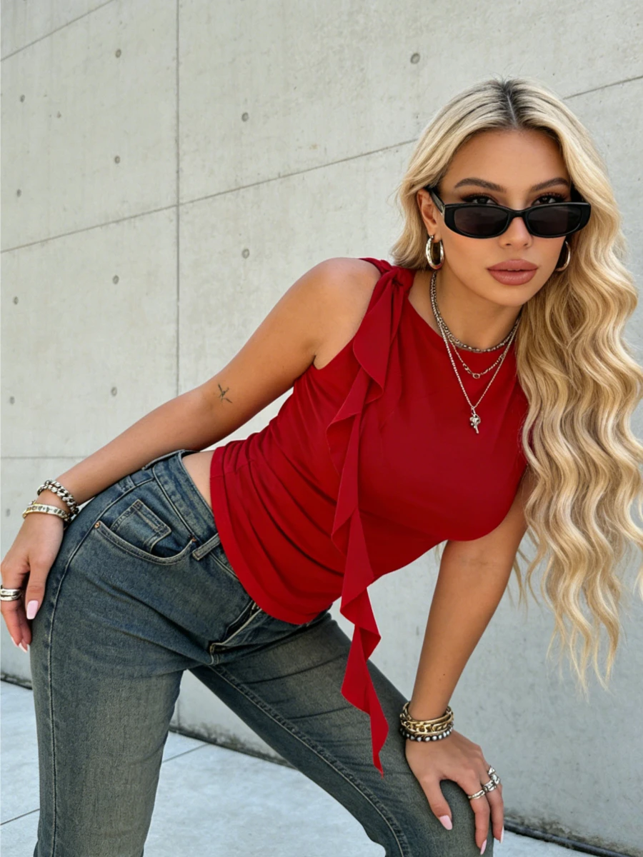 Summer Casual Streetwear Y2K Crop Top Women'S Solid Color Vest Fluttering Tassel Sleeveless Slim Pullover Round Neck Cheap Top