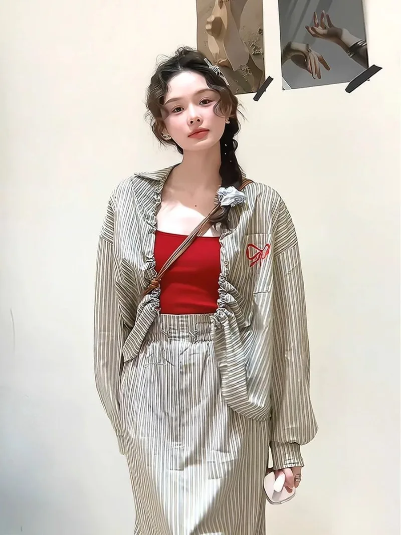 Shpmishal Summer Fashion Anti-aging Top 2024 New Korean Striped Sunscreen Shirt Half Skirt Two-piece Set Female Clothing