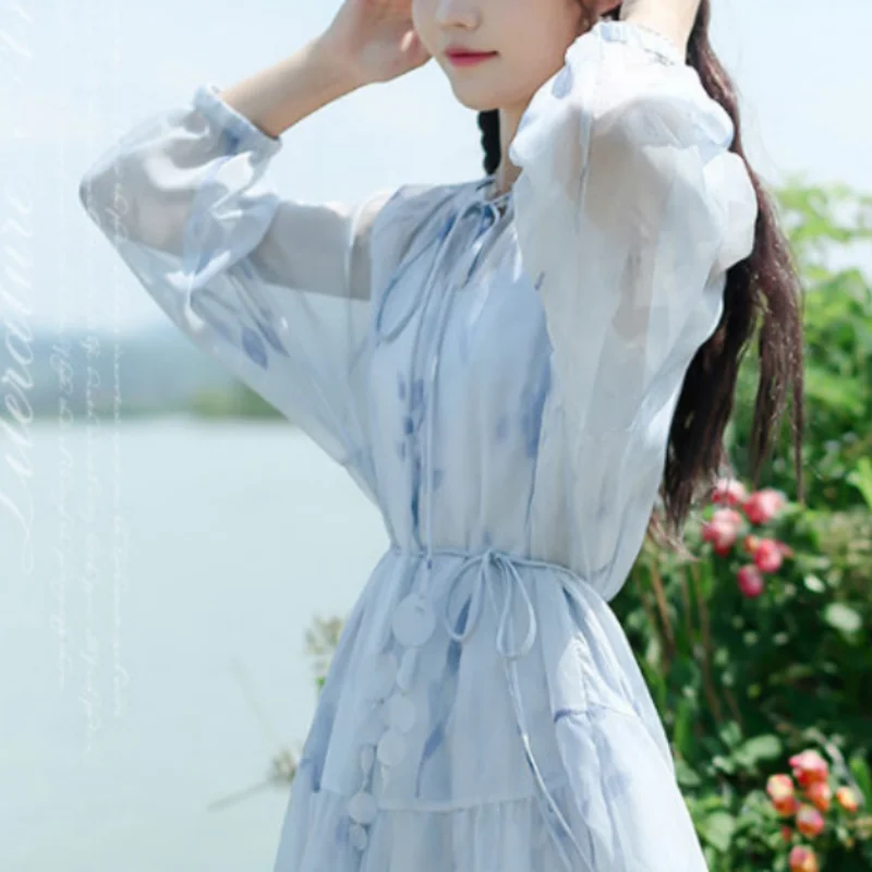 Sweet Academy Style Elegant Ink Print Waist Tie Up Two Piece Chiffon Dress Women Round Neck Lantern Sleeves A-line Long Dresses