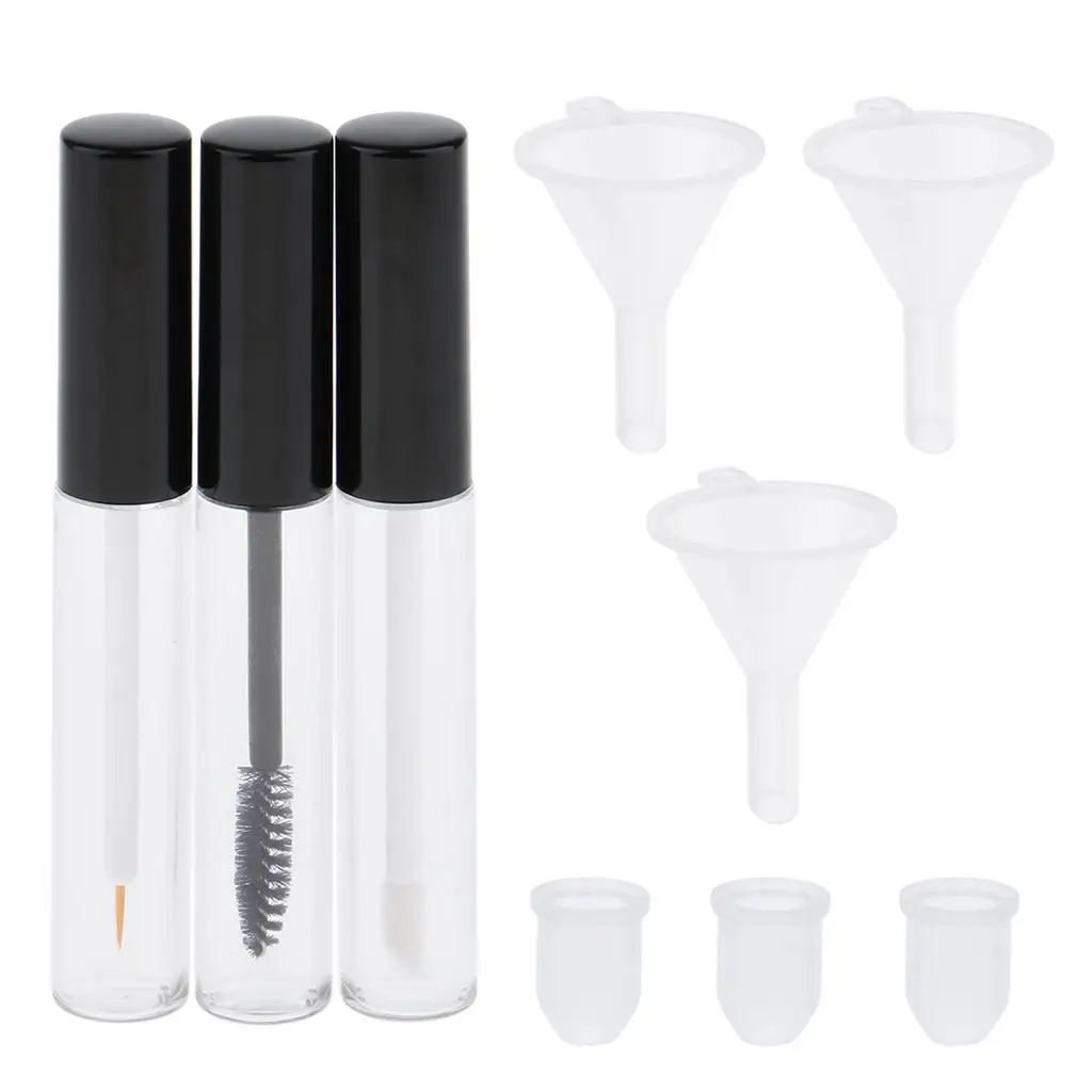 3x Portable Empty Mascara Liquid Lip Gloss Tubes Vials w/ Funnels