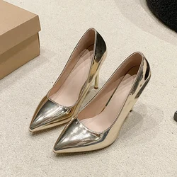 Metallic Silver Gold Pumps Women Ladies Shiny Hign Heels Wedding Dress Thin Heel 10cm Luxury Woman Shoes Size 34-43 gold heels