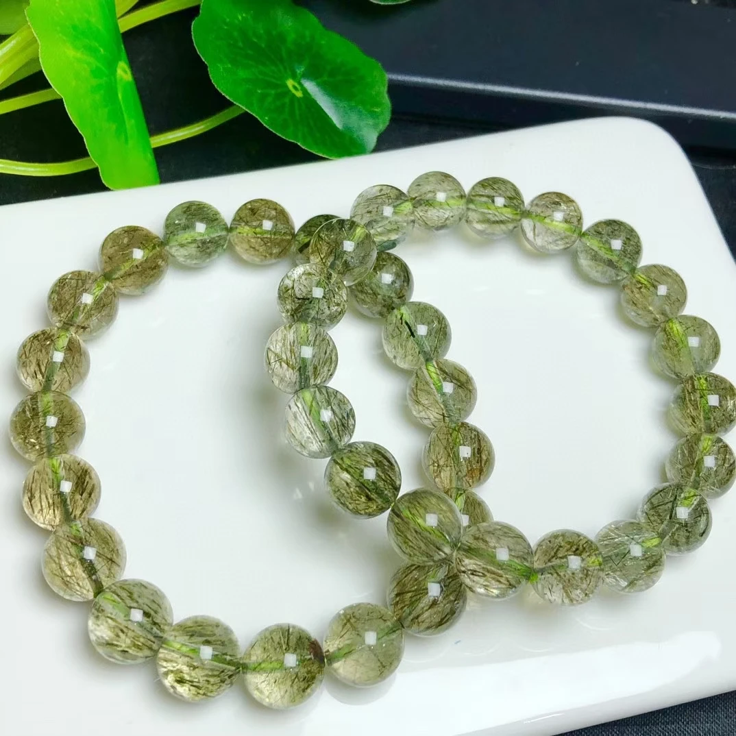 Natural Green Tourmilated Rutilated Quartz Clear Round Beads Bracelet Jewelry Women Men Fashion Best Stone AAAAA