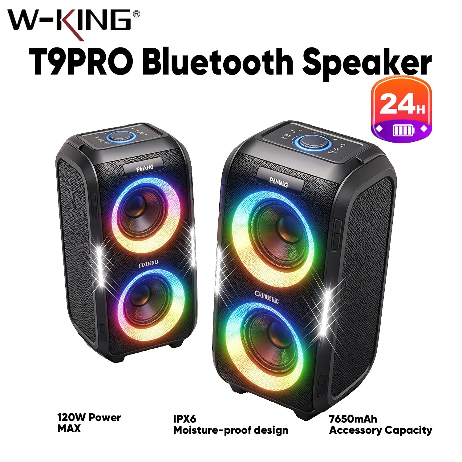 

Портативная беспроводная Bluetooth-колонка W-KING 250W MAX Party с мощным глубоким басом, 12 настраиваемыми тембрами и USB-воспроизведением