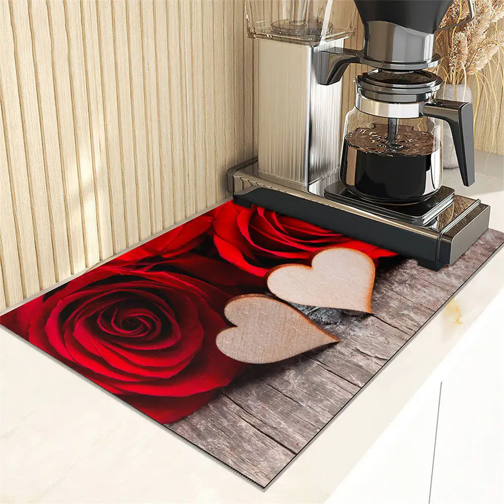 Red Rose Flowers Pattern Drain Pad Absorbent Dish Drying Mat Non-Slip Anti-mildew Counter Top Mat Sink Dish Draining Mat