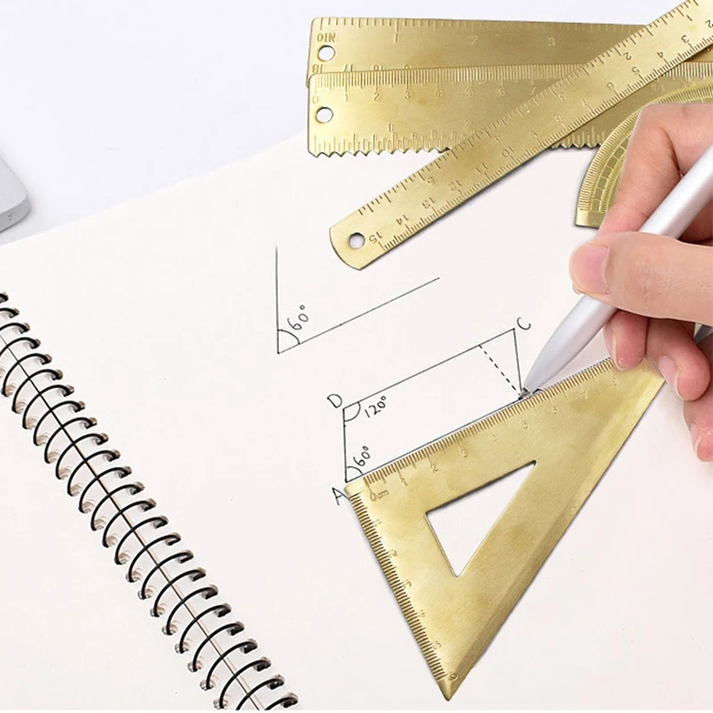 HJ-4Pcs Measuring Ruler Set Drawing Instruments Include Brass Protractor Isosceles Right Angle Triple-Cornered Ruler