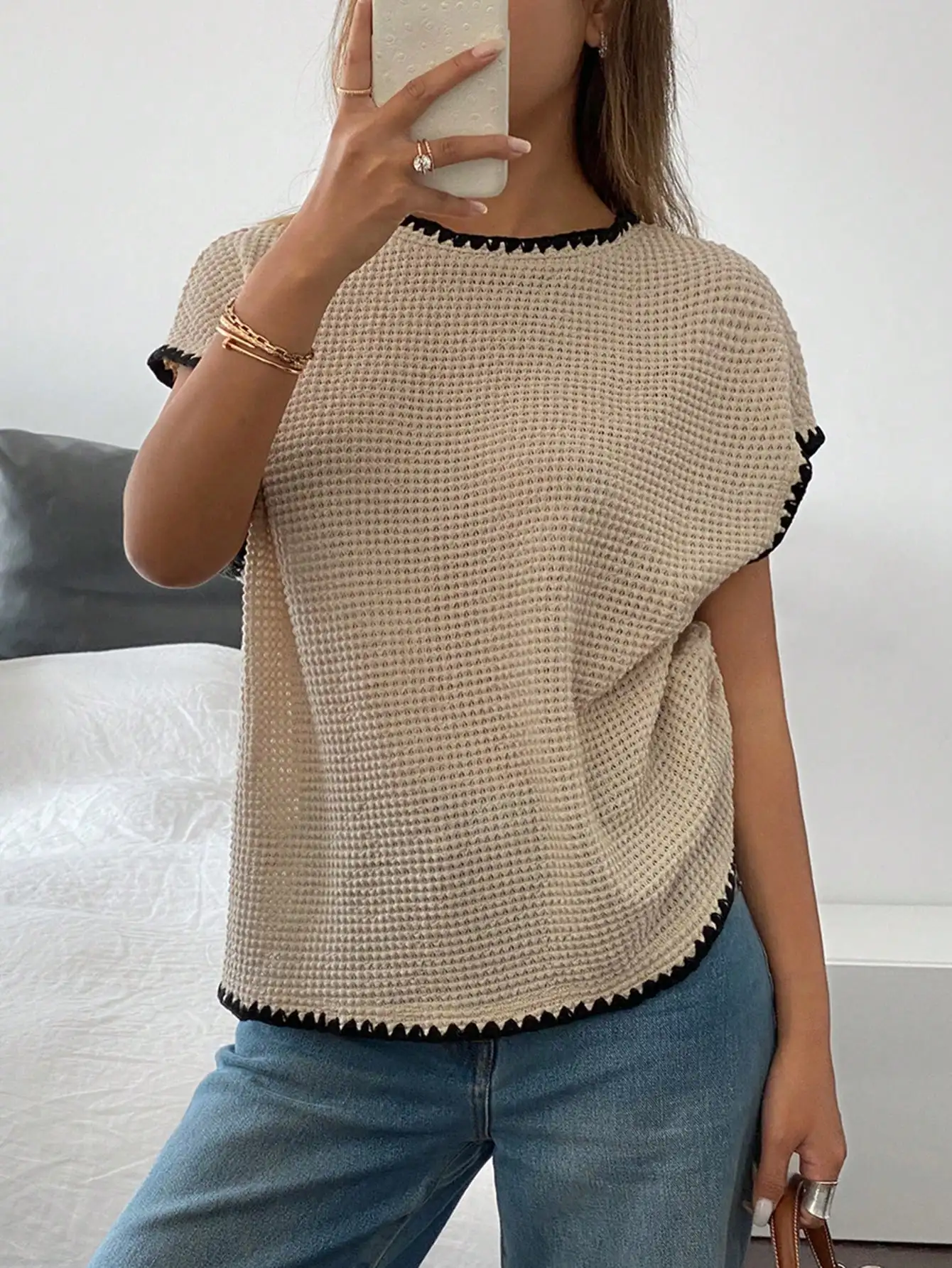 

Women's Crocheted Waffle Knit Top with Black Trim, Loose Fit, Round Neck, Short Sleeve for Summer Casual Wear