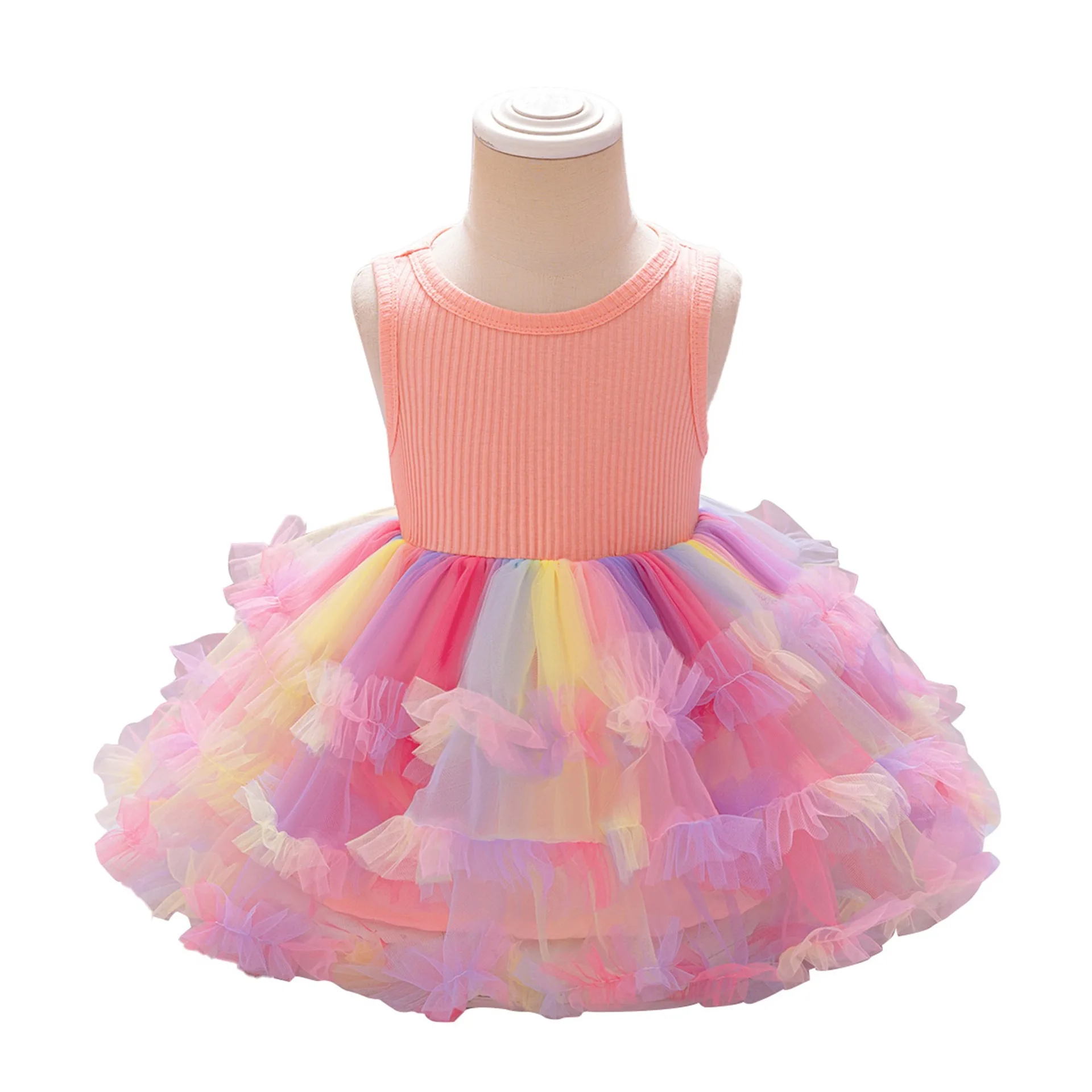 0-24m Toddler Baby Girls Rainbow Birthday Dress Tutus for Kids Ruffles Bell Bottom Vestido Cotton Knit Patchwork Costume
