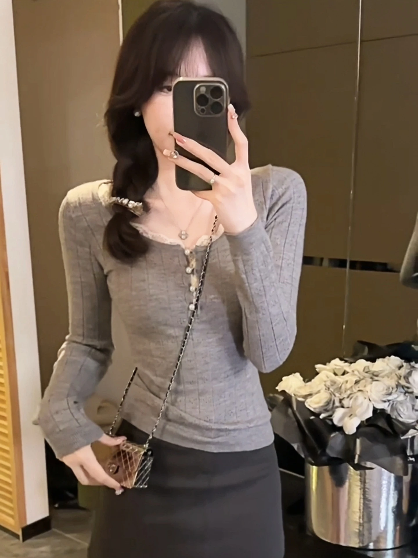 

Faionable Spliced Lace Trim Woolen Knitwear Slimming Base Layer Top for Women Autumn Winter Sle French Sle round Ne L...