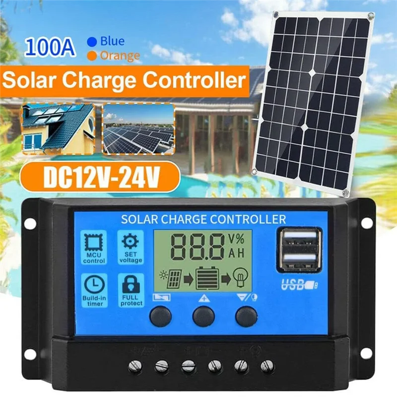 100A Solar Charge Controller, Solar Panel Battery Intelligent Regulator with Dual USB Port, Multi-Function Controller