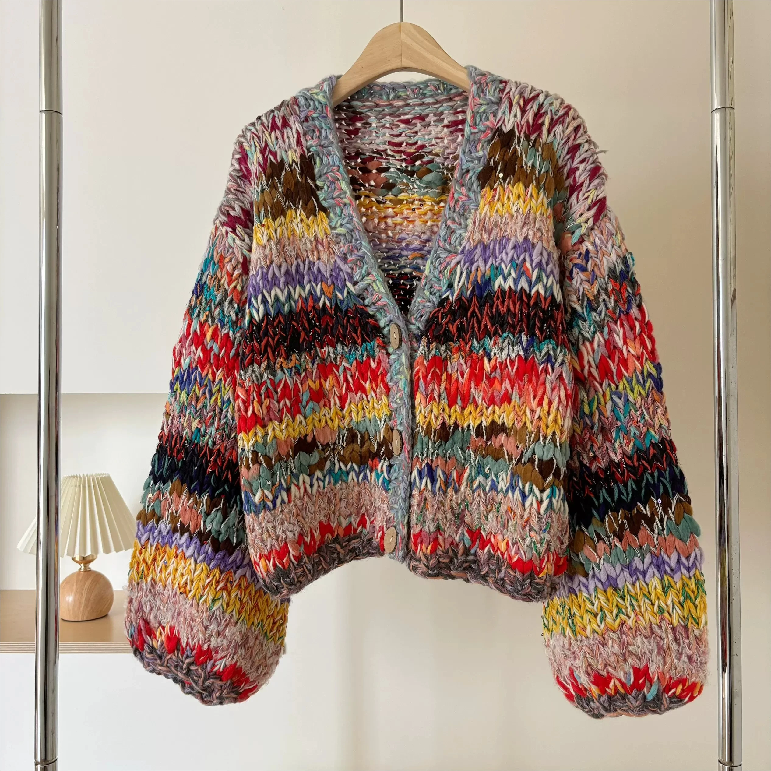Multi-Color Chunky Knit Cropped Cardigan Oversized Rainbow Handmade Drop Shoulder Sweater Hand-knit Jumper 2026 Winter