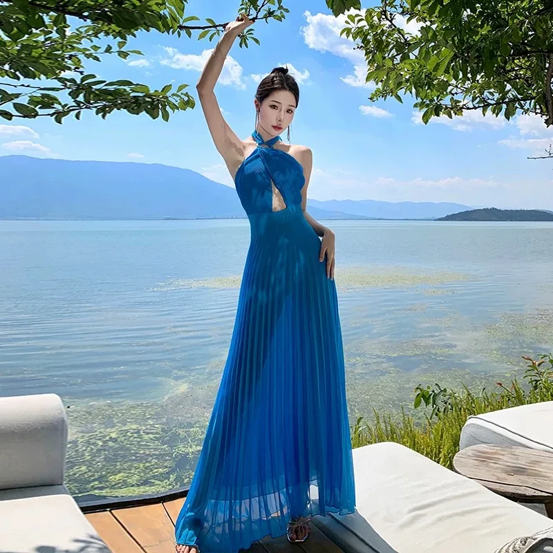 Women Halter Cross Hanging Neck Dress Lady Elegant Blue Hollow Chiffon Long Dress Sexi Bandage Slim Waist Draped Pleated Dress