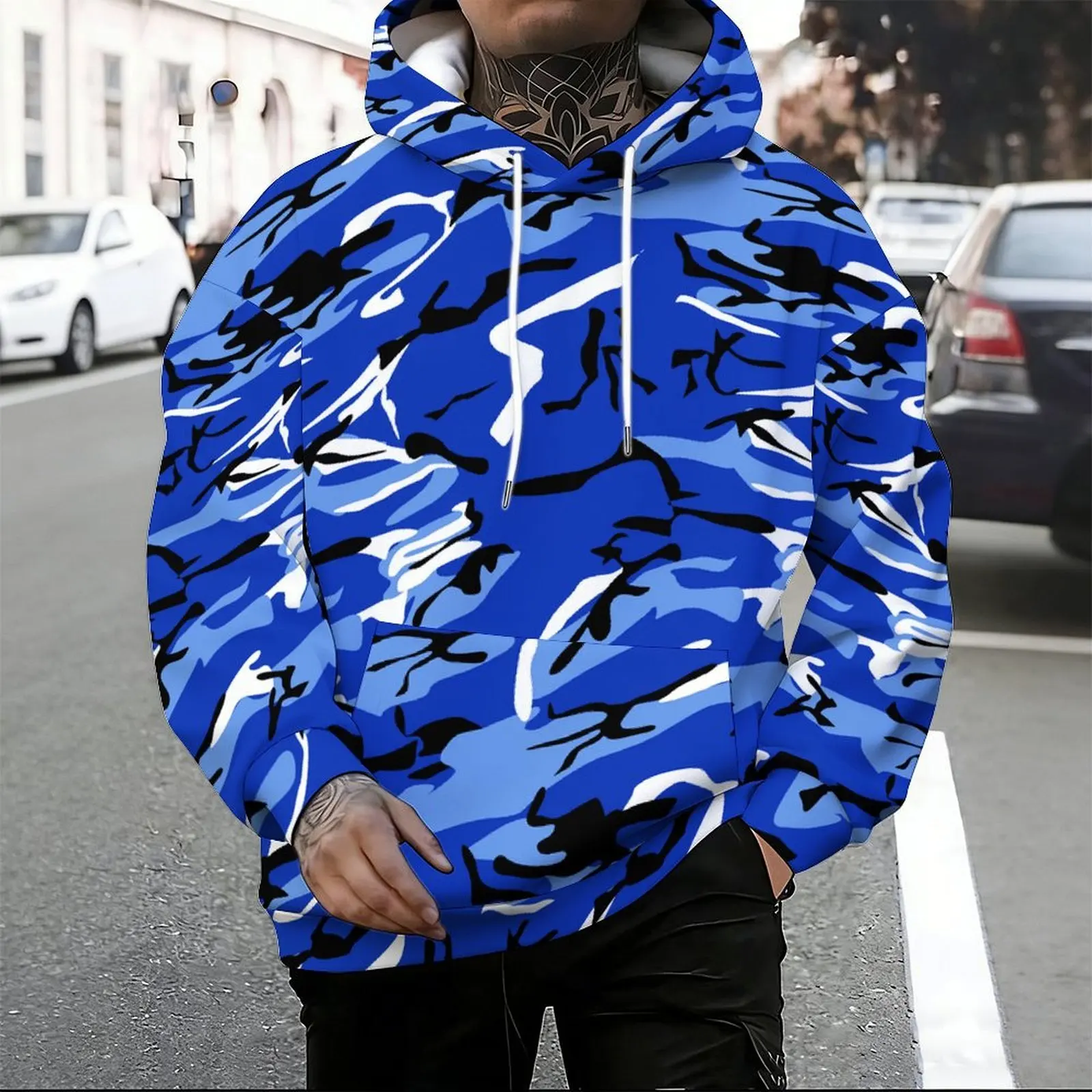 Men Print Pullover Hoodie Red Black Gray Color Block Drawstring Hooded Sweatshirt Loose Streetwear Tops