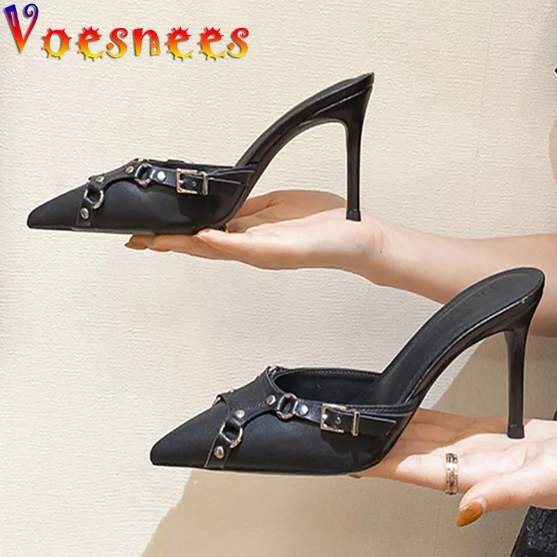 

Punk Style Closed Pointed Toe Slipper Women Shoes Summer New Metal Rivet Fashion High Heels Pumps Outdoors Ladies Slides Sandals