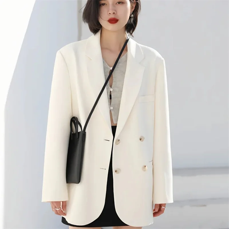 2024 Female Leisure White Blaze Jacket Korean Ladies Loose Suit Outwear Spring Autumn Women Fashion Double-breasted Tops Coat