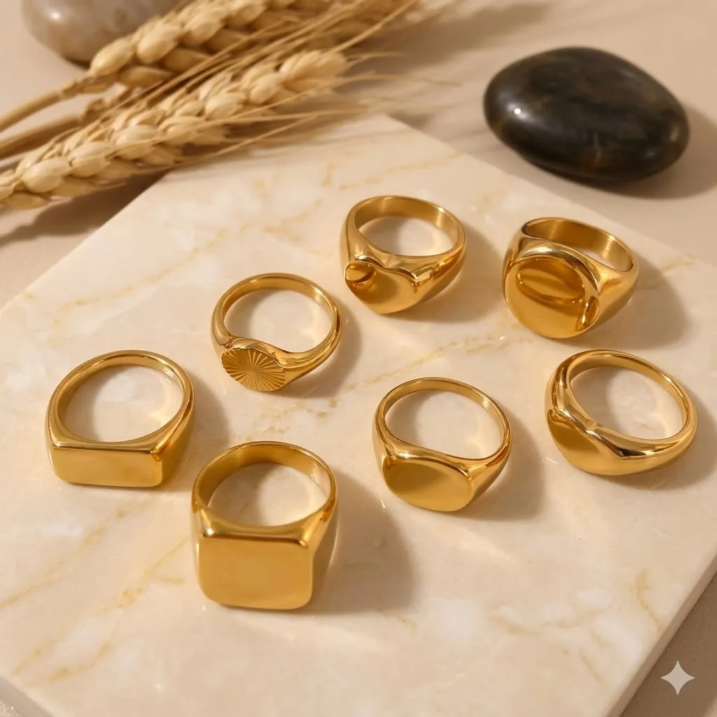 

St-Delan Stainless Steel Multiple Styles Chunky Signet Rings for Women, Mix Designs Square Oval Dome Statement Rings