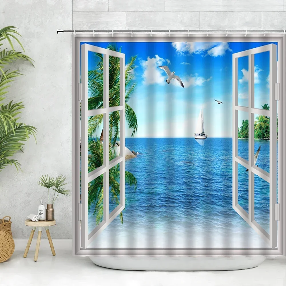 3D Window Sea View Shower Curtain Sea Beach Coconut Tree Landscape Modern Living Room Bedroom Bathroom Kitchen Decor Curtain