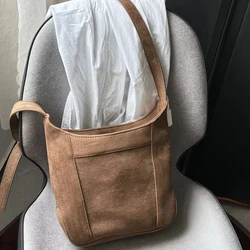 Vintage Suede Large Capacity Ladies Bucket Bag Simple Solid Color Women's Shoulder Bags Sweet Cool Retro Female Tote Handbags