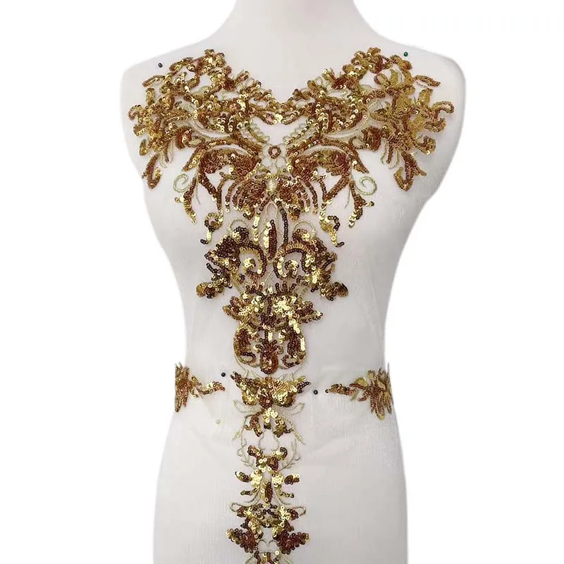 3-teiliges Set, Goldene Pailletten-Blumen Spitzenstoff Stickerei Applikation zum Aufnähen für Hochzeitskleider und Abendroben