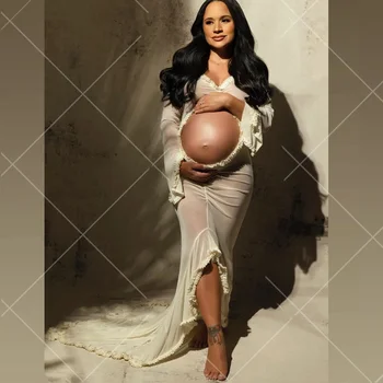사진 촬영을위한 출산 드레스 가운 섹시한 투명 프릴 임신 한 여자 배꼽 긴 소매 베이비 샤워 드레스