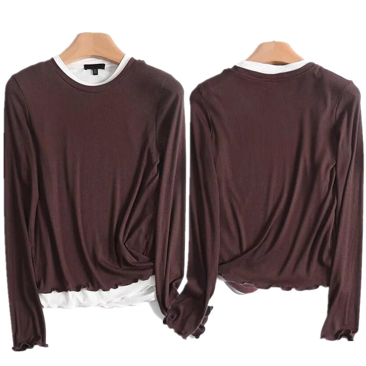 

Withered Minimalist Elegant Round Neck T-shirt Women French Fashion Cotton Fake Two-piece Long Sleeved T-shirt