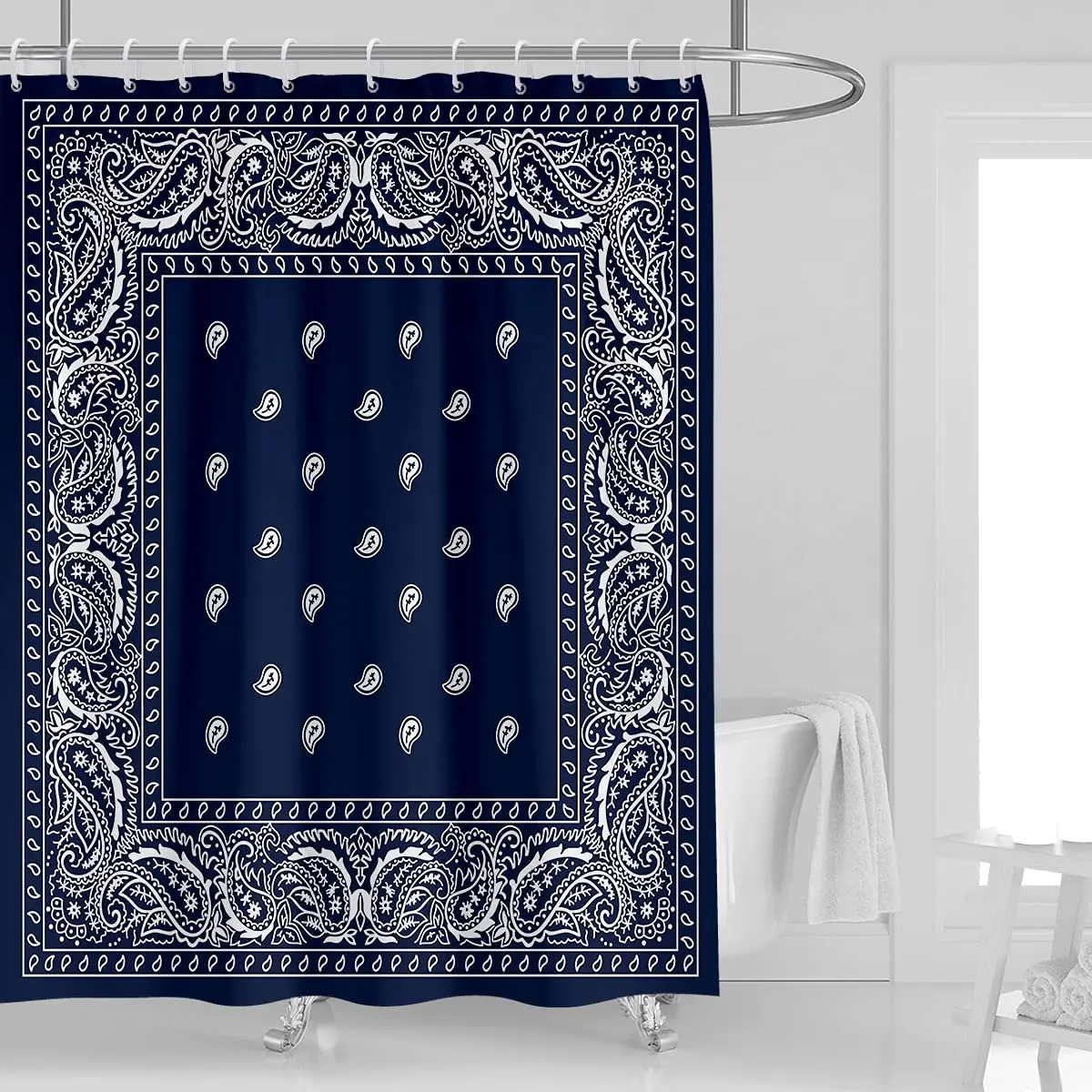 Mandana Southwestern Shower Curtain Paisley Navy Blue Boho Mandala Floral Bathroom Decor Polyester Fabric Waterproof with Hooks