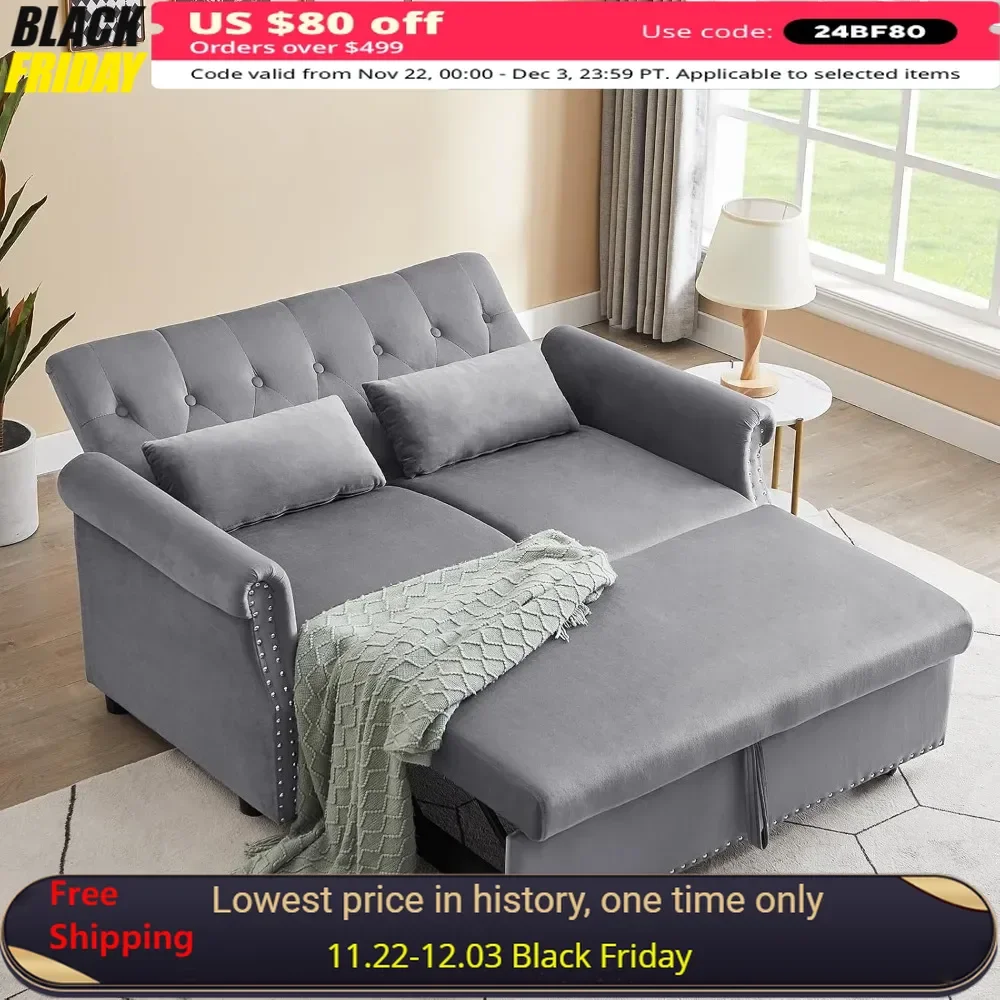 3-in-1 Convertible Sofa Bed with Rivet Decor, Pillows, Wheels，Velvet Sofa，for Living Room Bedroom Apartment，Pull Out Couch Bed