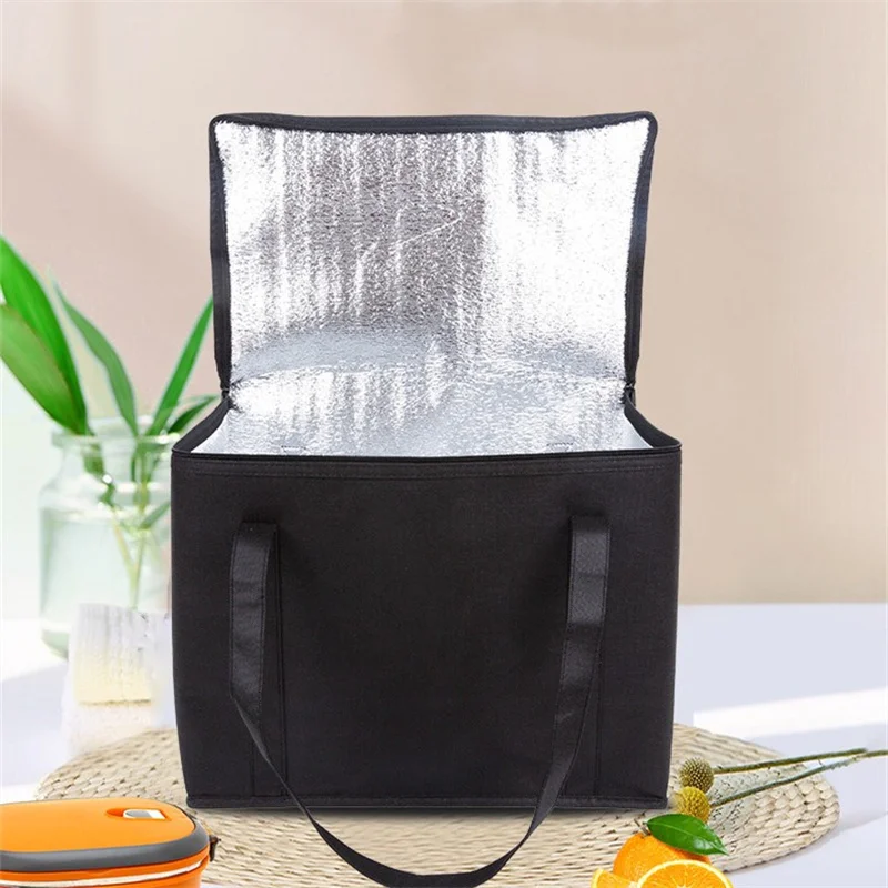 Bolsa de almuerzo aislada Bento, bolsa térmica de gran capacidad tejida, negra, reutilizable, para Picnic al aire libre, bolsa de hielo portátil