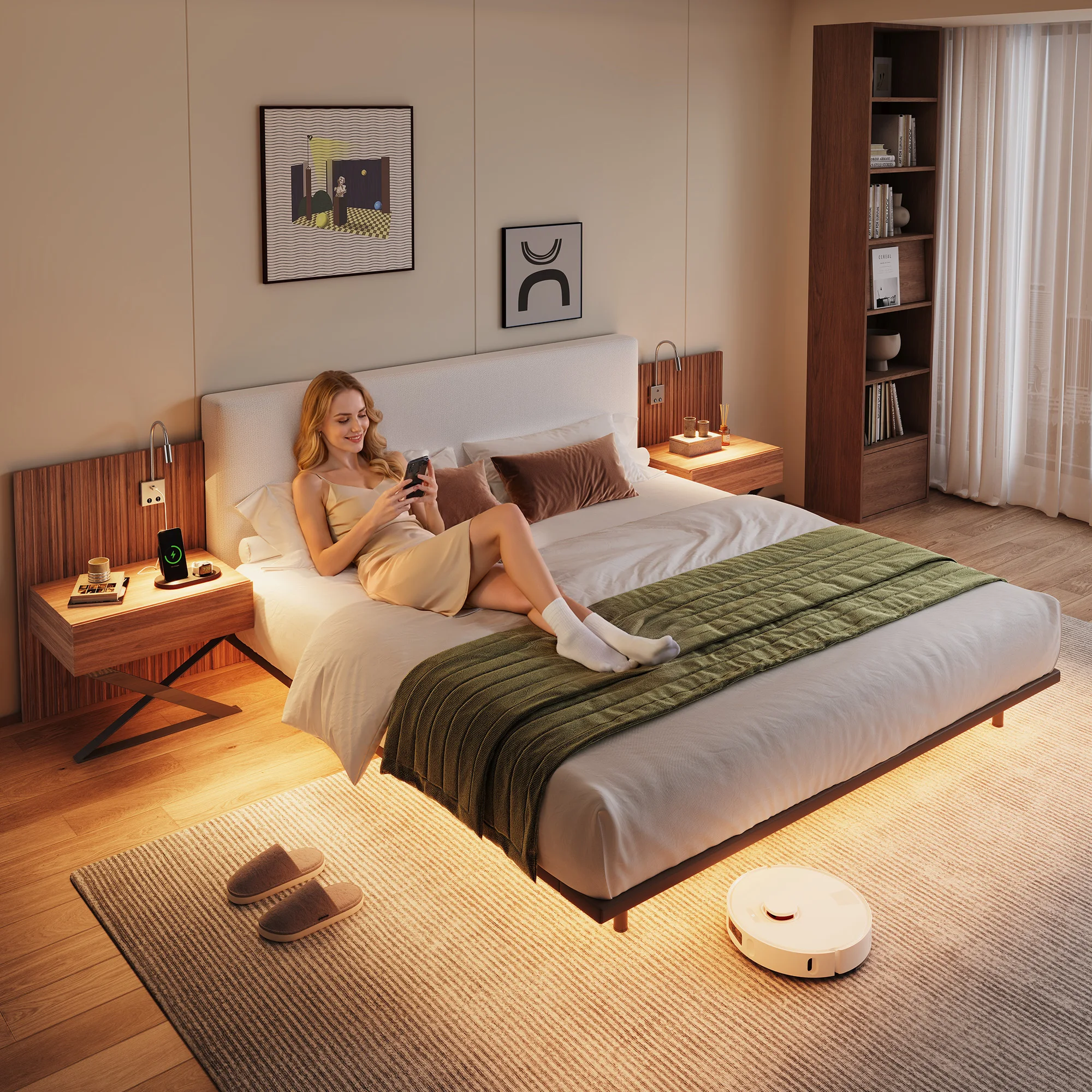 King Size Bed with Integrated Nightstands & Reading Lamps, Wide Headboard with LED Strip Lights, Multifunctional Bedroom Furniture Combination