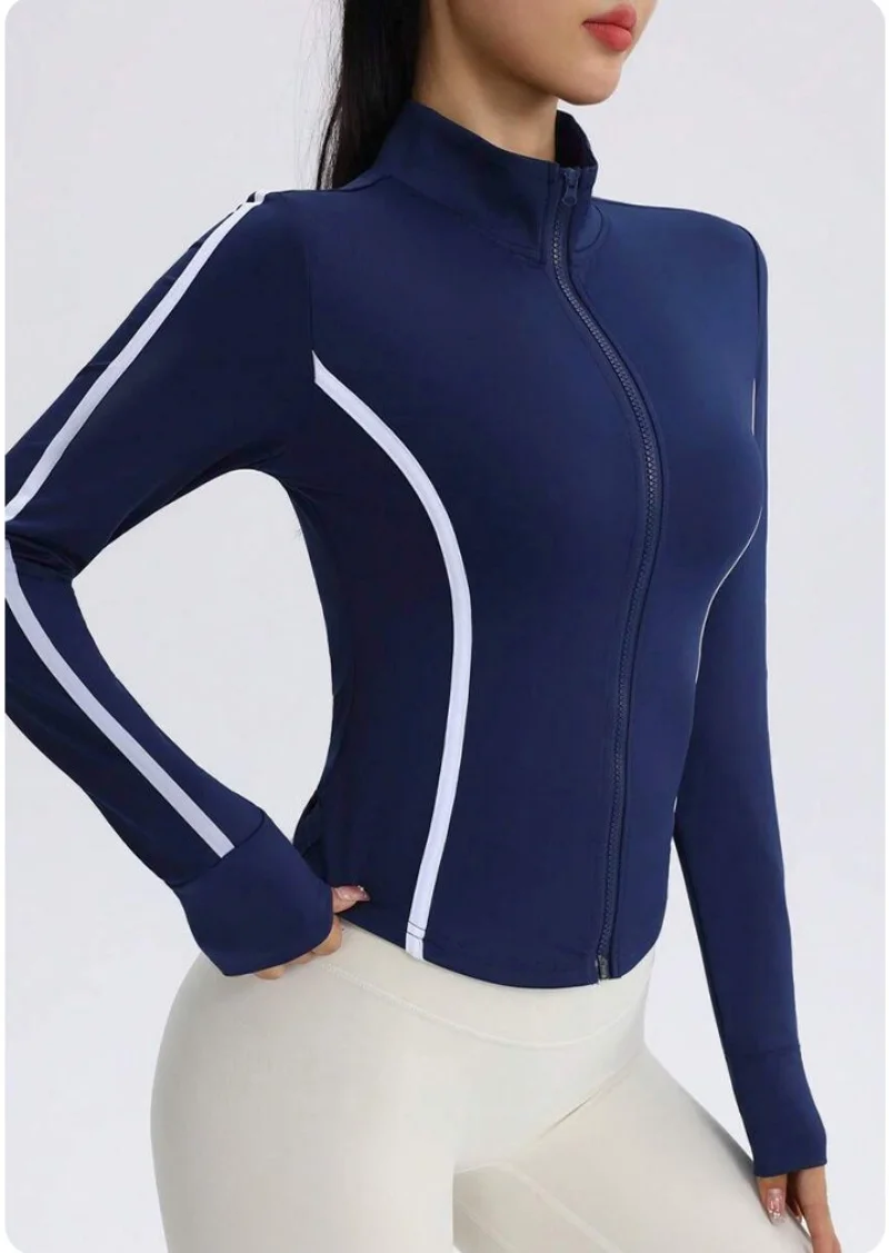 Women Navy Blue Yoga Jacket with White Contrast Stitching Slim Fit Full Zip Up Track Jacket High Neck Activewear Top for Workout image 2