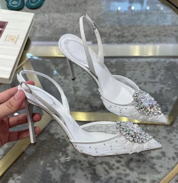 Crystal Baotou Sandals 2025 New Water Diamond Straight Line with Pointed High Heels Sexy Single Shoes White Wedding Shoes