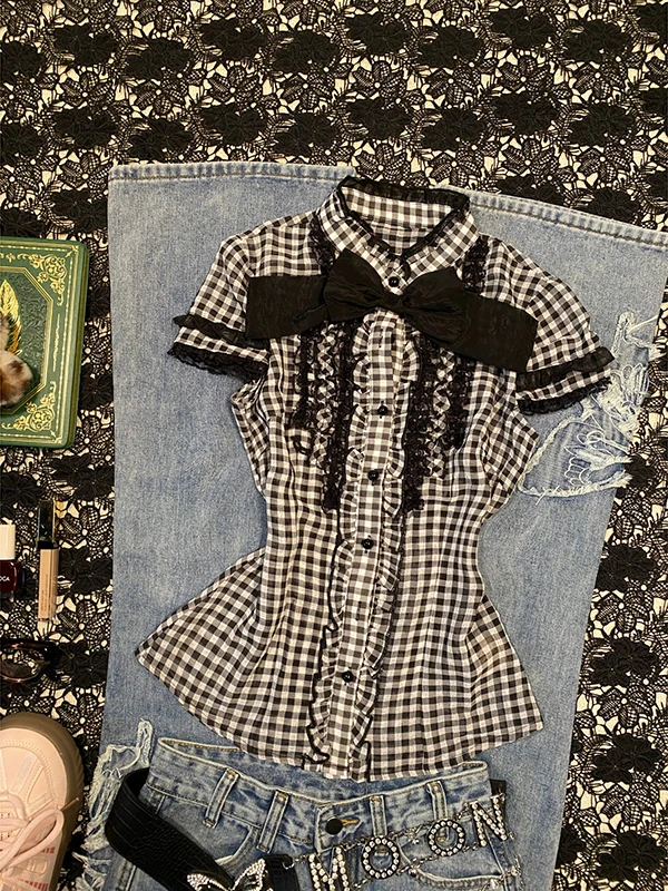 Bla Plaid ort Sve irt Vintage Summer Women's Faion Stand Collar Top Cotton Blend Regular Fit irt Korean Sle