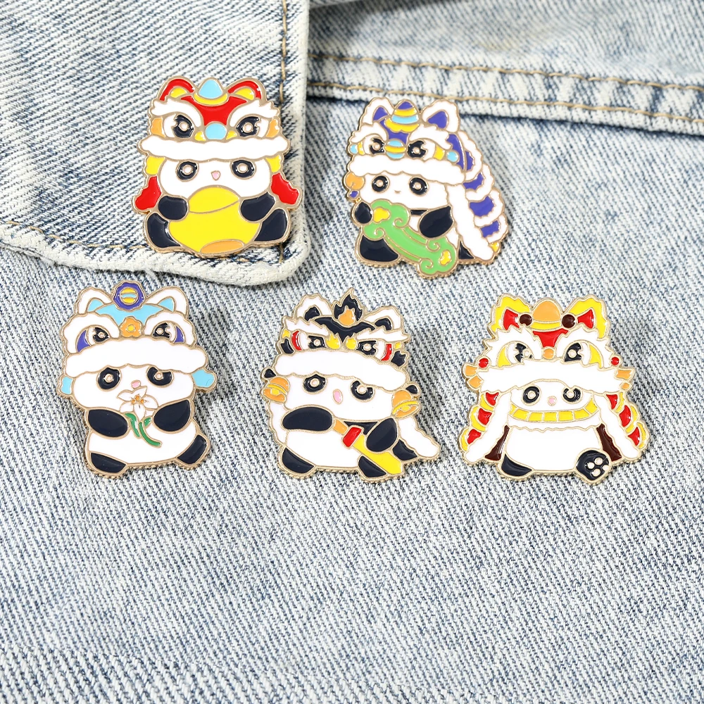 Cartoon Panda Lion Dance Enamel Brooches Cute Animal Pins Joyful Chinese New Year Badge