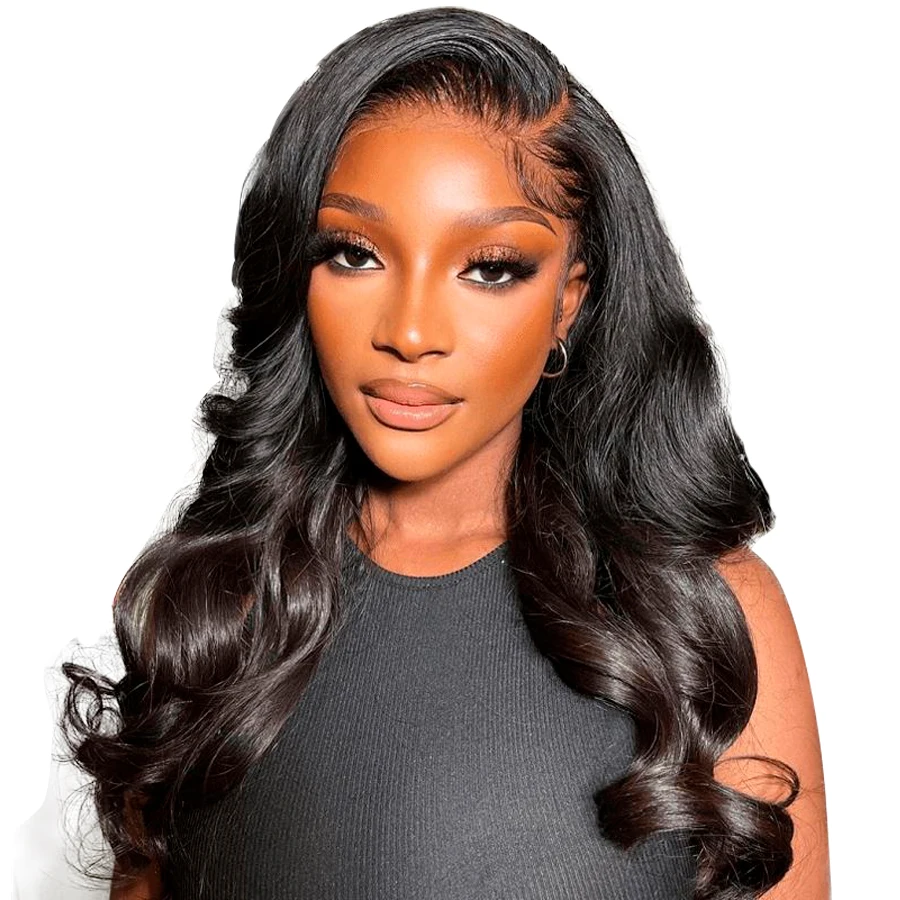 ナチュラルブラックボディウェーブ人毛ウィッグHD透明13x4レースフロントウィッグ生え際レースフロントウィッグ（分け目自由）